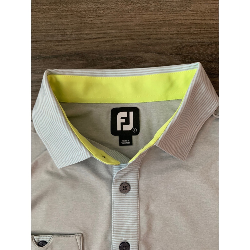 FootJoy FJ Gray Polo‎ Large Golf Performance striped collar casual preppy
